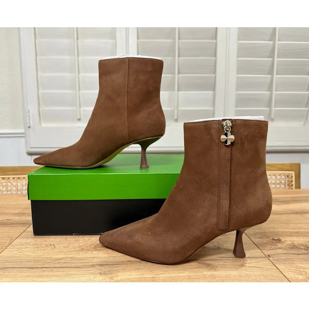 Kate Spade Adele Bootie Hot Chocolate Suede 6.5 Pre-Loved Kitten Heel Pointy Toe